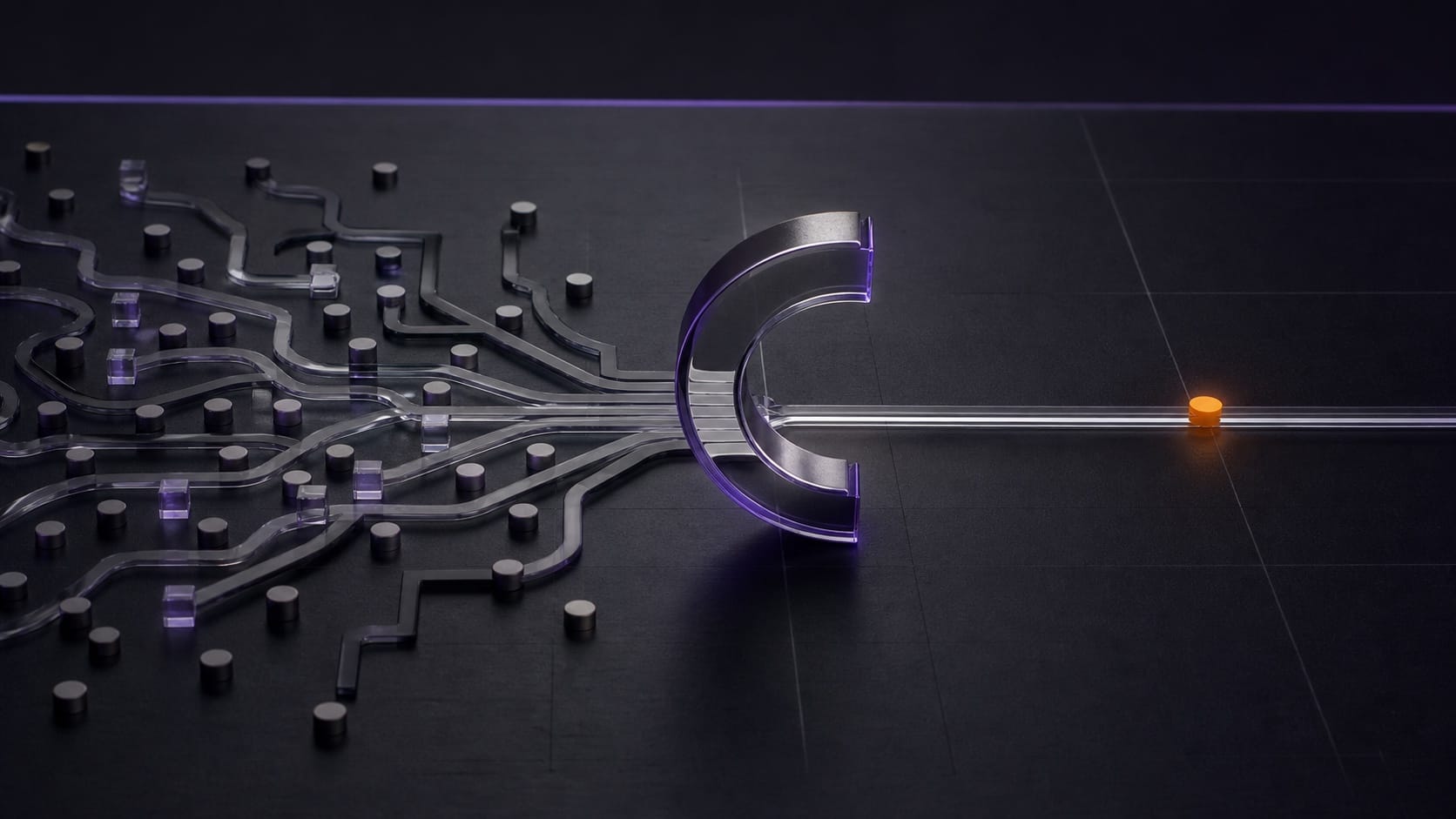 Multiple translucent paths converge through a C-shaped strategic lens into one orange decision point on an obsidian table.