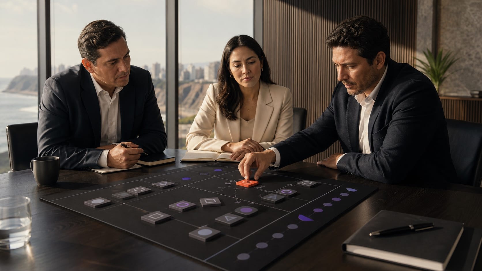 Tres líderes latinoamericanos evalúan una matriz de iniciativas y seleccionan una opción marcada en naranja.