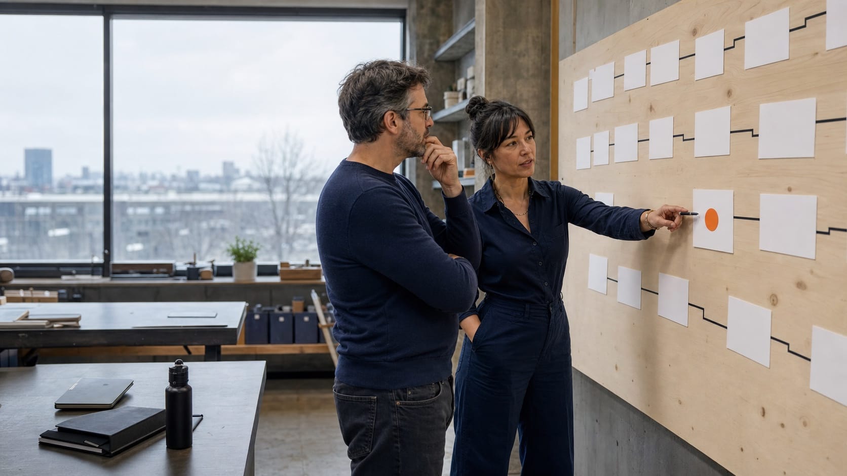 Deux dirigeants d’une PME québécoise examinent un flux de travail et identifient un goulot d’étranglement marqué en orange.